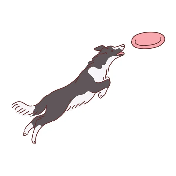 Собака персонаж мультфильма прыгает после фрисби диск плоский вектор иллюстрации изолированы. — стоковый вектор