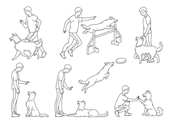 Escenas de entrenamiento de perros con ilustración vectorial de caracteres de línea de boceto aislado. — Vector de stock
