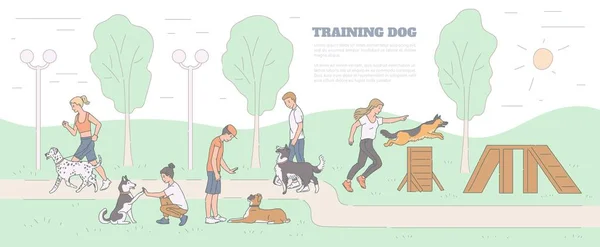 Training dog with pets and trainers on playground, sketch vector illustration. — Stock Vector