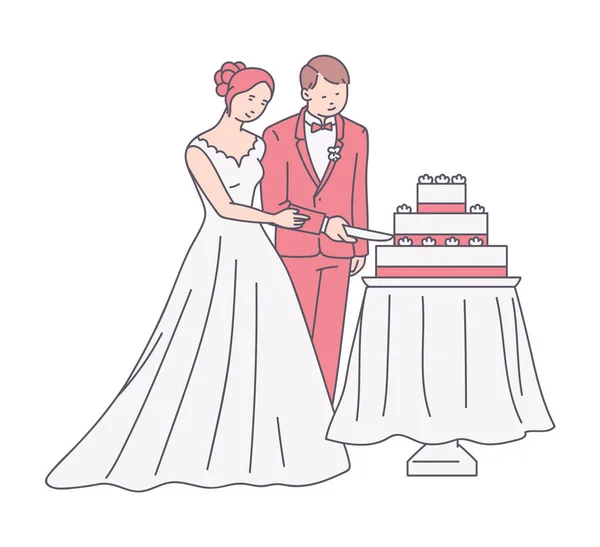 Braut und Bräutigam Schneiden Hochzeitstorte Skizze Cartoon Vektor Illustration isoliert. — Stockvektor