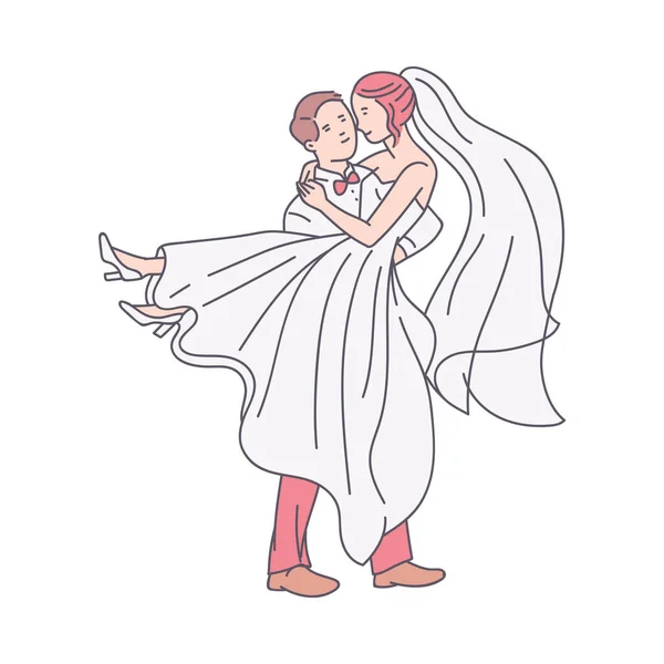 Наречений чоловік носить наречену в білій сукні, ескіз Векторні ілюстрації ізольовані . — стоковий вектор
