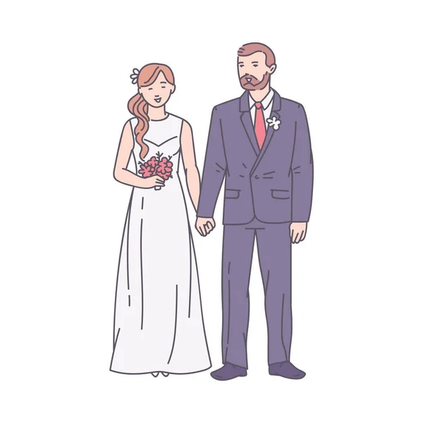 Sposo e sposa in abito da sposa schizzo cartone animato vettoriale illustrazione isolato. — Vettoriale Stock