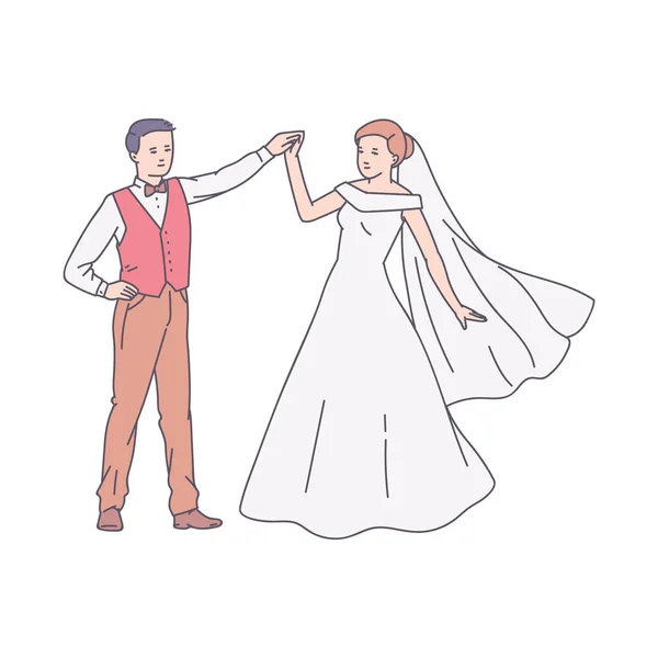 新郎新婦のシーンのスケッチのベクトルのイラストの結婚式のダンス. — ストックベクタ