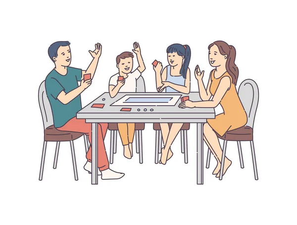 Boldog család játék társasjátékok, vázlat rajzfilm vektor illusztráció elszigetelt. — Stock Vector