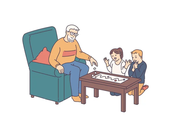 Grand-père joue au jeu de société avec des enfants, illustration vectorielle de croquis isolé. — Image vectorielle