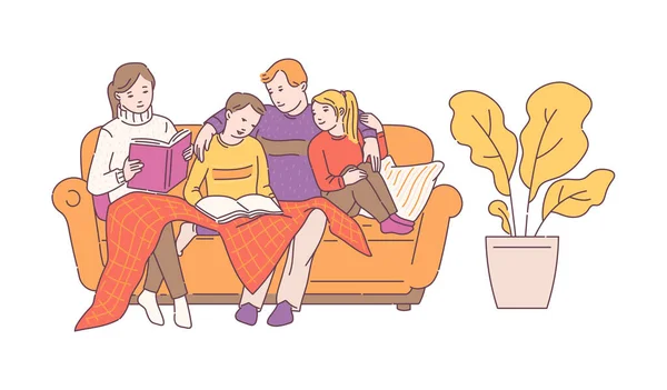 Rodzina siedzi na kanapie i czyta książkę, szkic wektor ilustracji odizolowany. — Wektor stockowy