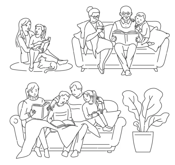 Linea arte set di persone che leggono un libro, disegno vettoriale illustrazione isolato. — Vettoriale Stock