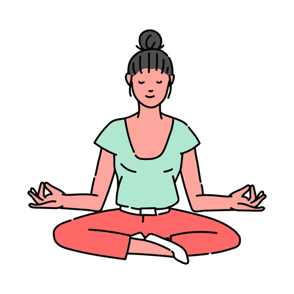 Donna in posizione di preghiera o yoga posa cartone animato schizzo vettore illustrazione isolato. — Vettoriale Stock