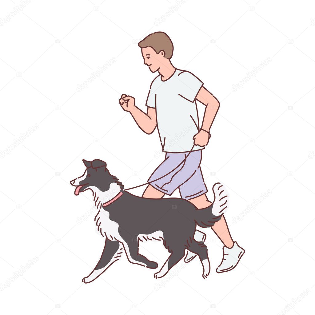 Man cartoon character walking with his dog, sketch vector illustration isolated.