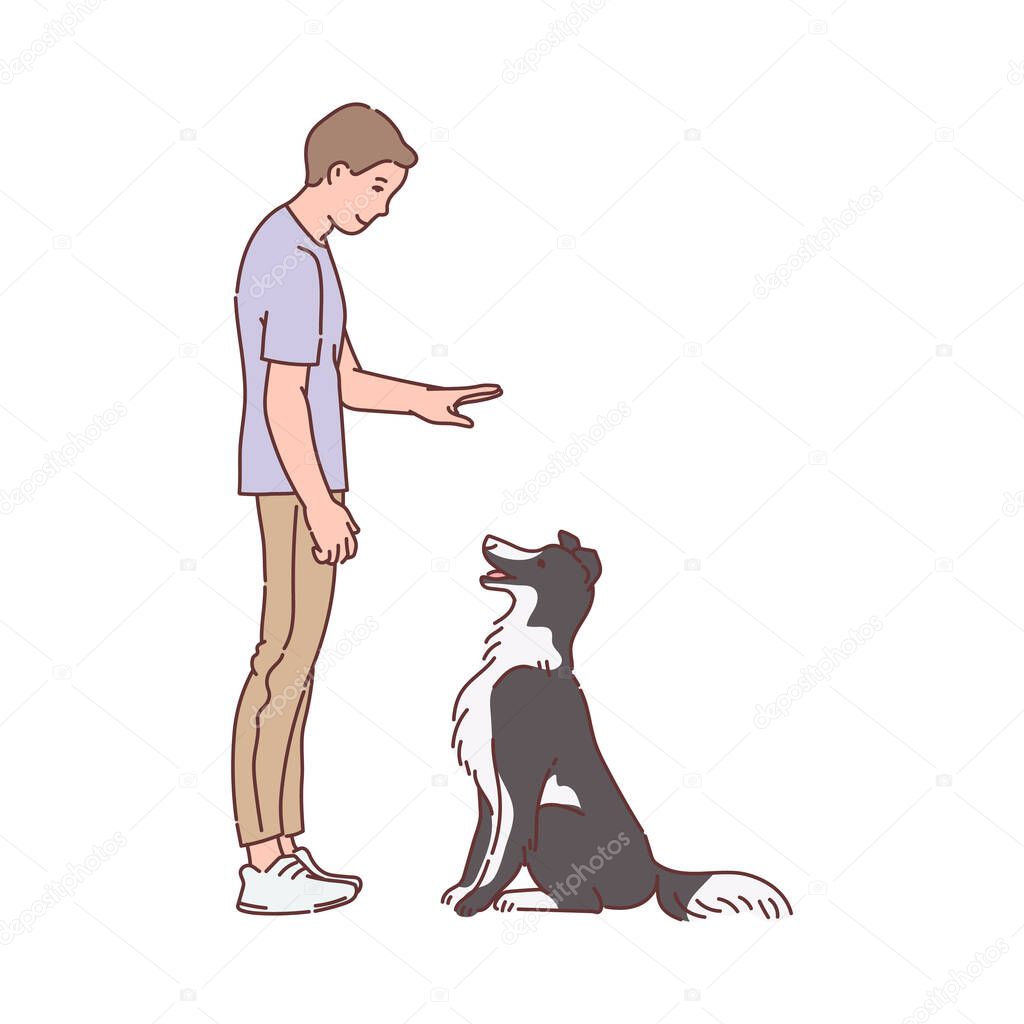 Trained dog executes commands of his owner, sketch vector illustration isolated.