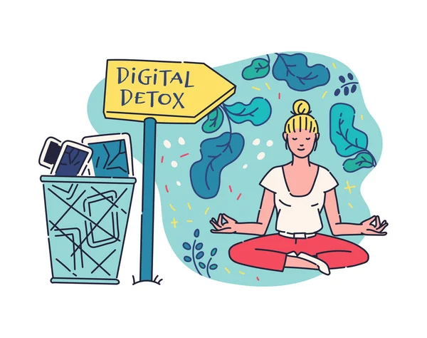 Digital detox with woman enjoying offline in gadgets, vector illustration. — Stock Vector