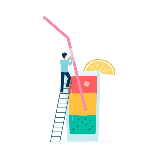 Kleine man zetten stro in de zomer cocktail platte vector illustratie geïsoleerd. — Stockvector