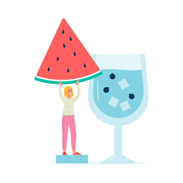 Petite femme préparant un cocktail de fruits illustration vectorielle plate isolé. — Image vectorielle