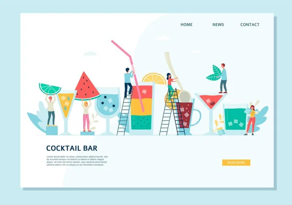Strona internetowa dla letniego baru koktajlowego z malutkimi barmanami płaski wektor ilustracja. — Wektor stockowy