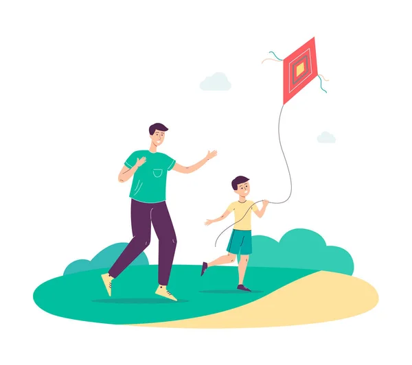 Vader en zoon lanceren een vlieger in het park platte vector illustratie geïsoleerd. — Stockvector