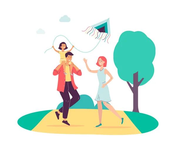 Happy family flying a kite - cartoon parents and child in summer nature - Stok Vektor