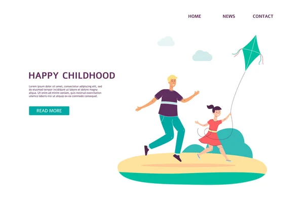 ( 영어 ) Website for family activity with people playing kite flat vector illustration. — 스톡 벡터