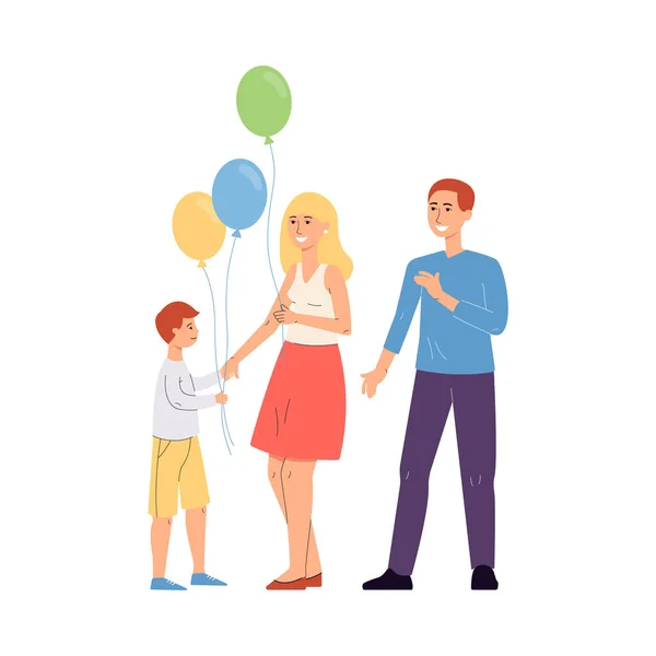 Векторна ізольована ілюстрація щасливої сім'ї з різнокольоровими кульками . — стоковий вектор