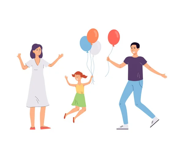 Gelukkig cartoon familie met ballonnen springen van geluk. — Stockvector