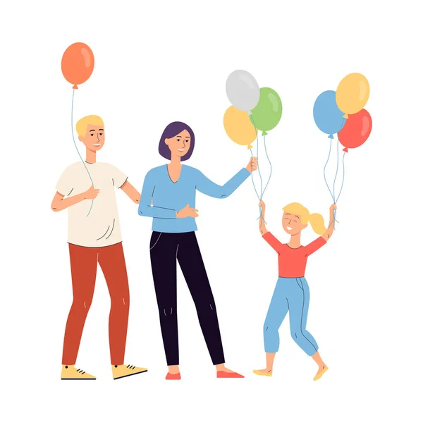 Ouders geven ballonnen aan hun dochter, platte vectorillustratie geïsoleerd. — Stockvector