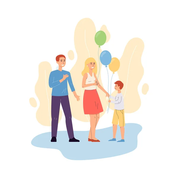 Vrolijke ouders en kind houden luchtballonnen platte vector illustratie. — Stockvector