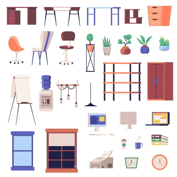 Office furniture and interior decor set of flat vector illustrations isolated. — Stock Vector