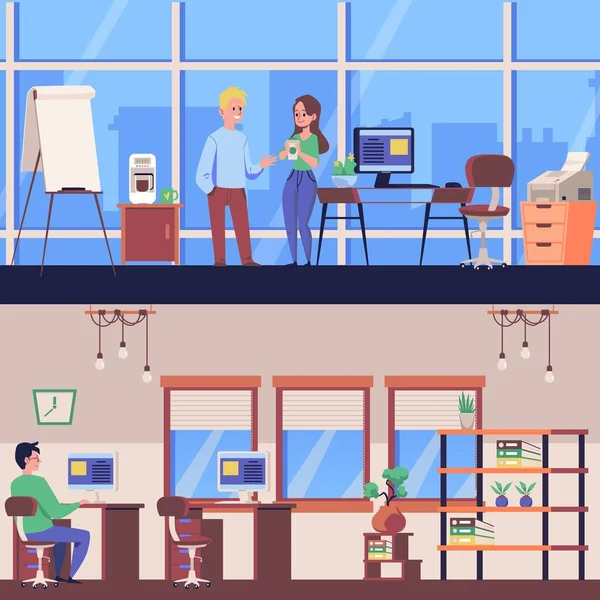 Arrière-plan avec des personnes travaillant dans le bureau intérieur plat vecteur illustration. — Image vectorielle