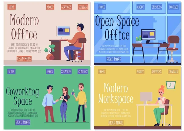 Définir des bannières de site Web pour le coworking et l'illustration vectorielle plate de bureau à espace ouvert. — Image vectorielle