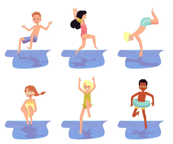Set of little children diving into water, flat vector illustration isolated. — Stock Vector