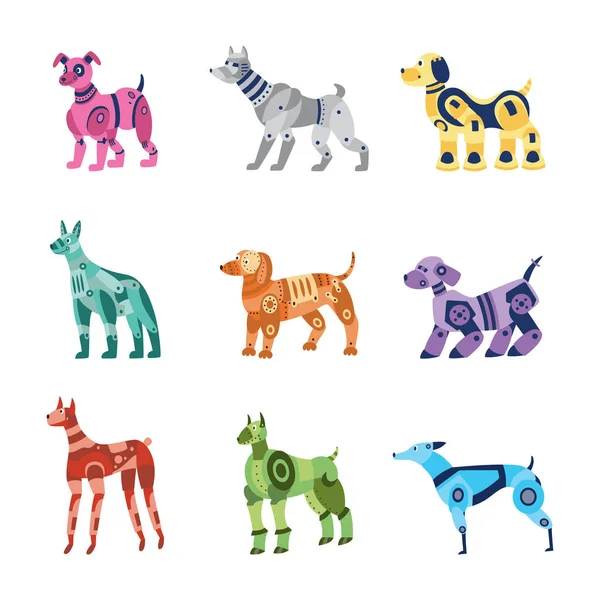 Σύνολο μεταλλικών ρομπότ σκυλιά χαρακτήρες κινουμένων σχεδίων, επίπεδη διανυσματική απεικόνιση απομονωμένη. — Διανυσματικό Αρχείο