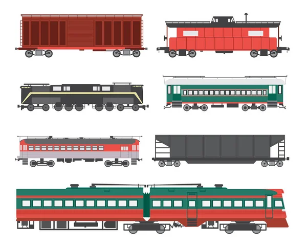 Set railroad trains, wagons and locomotives, flat vector illustration isolated. — Stock Vector