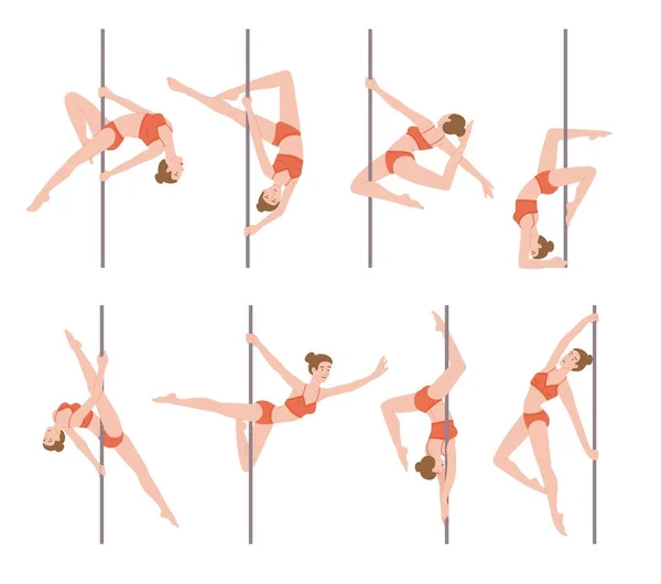 Conjunto de personagens femininas Pole dance performer, ilustração vetorial plana isolada. — Vetor de Stock