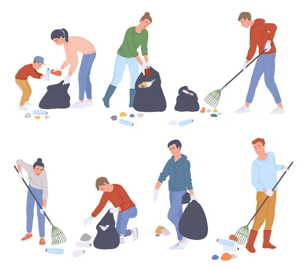 Conjunto de personas recogiendo basura y basura plana vector ilustración aislado. — Archivo Imágenes Vectoriales