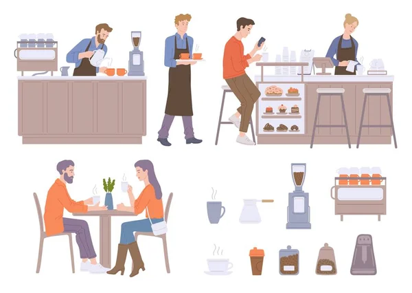 Café conjunto com visitantes e barista ilustração vetorial plana isolado. — Vetor de Stock