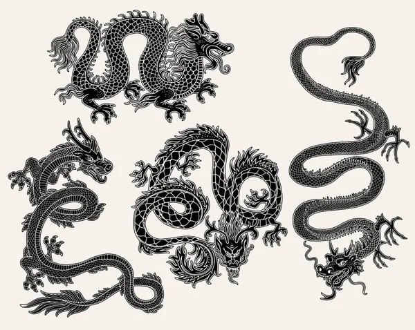 Set van Chinese draak beelden in zwart gegraveerde vector illustratie geïsoleerd. — Stockvector