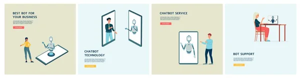 Set di poster con chatbot o robot di assistenza virtuale illustrazione vettoriale piatta. — Vettoriale Stock