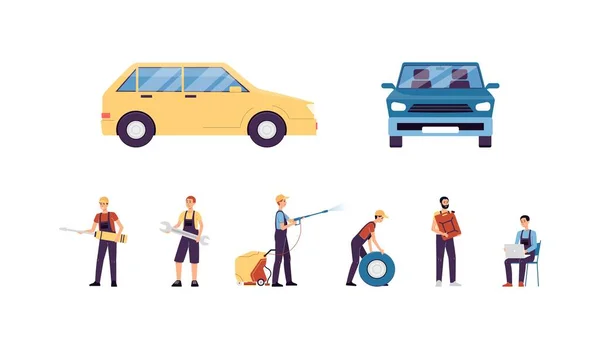 Set van auto service pictogrammen met mechanica platte vector illustratie geïsoleerd. — Stockvector