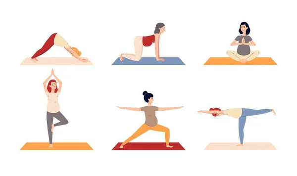 Uppsättning gravida kvinnor mödrar som gör yoga övningar en vektor isolerade illustrationer — Stock vektor