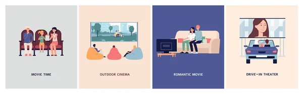 Conjunto de carteles para cine al aire libre y cine en casa con ilustración vectorial plana de personas. — Archivo Imágenes Vectoriales