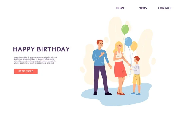Web banner met Happy Birthday tekst en familie, platte vector illustratie. — Stockvector