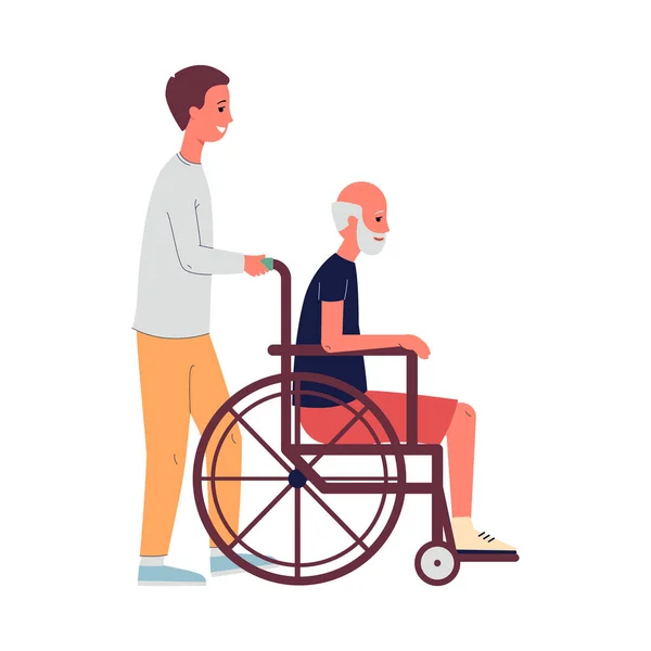 Voluntariado empujando silla de ruedas con hombre mayor discapacitado. ilustración vectorial plana. — Vector de stock