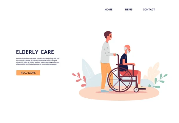 노인 치료 서비스 웹 사이트, 휠체어를 탄 노인과 함께 있는 만화 깃발 — 스톡 벡터
