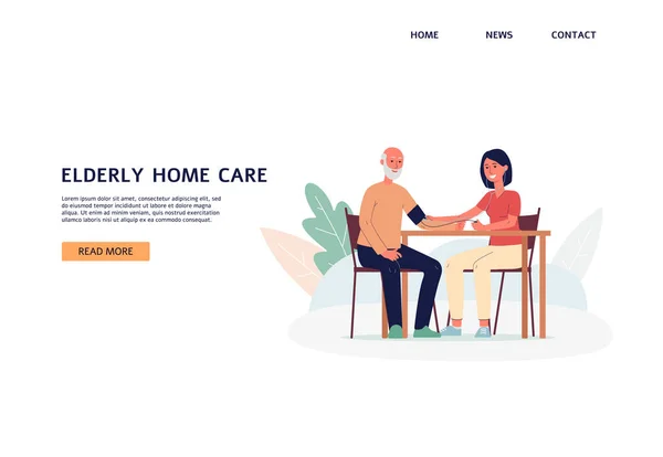 ソーシャルワーカー付き高齢者ホームケアウェブサイトバナー、フラットベクトルイラスト. — ストックベクタ
