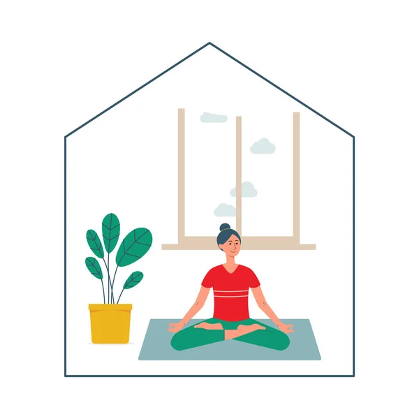 Illustrazione di una donna che fa yoga a casa. — Vettoriale Stock