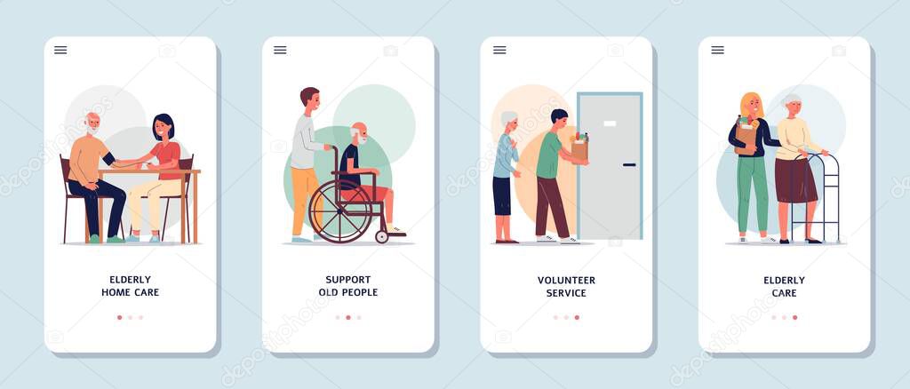 Mobile app set of services supporting elderly people, flat vector illustration.
