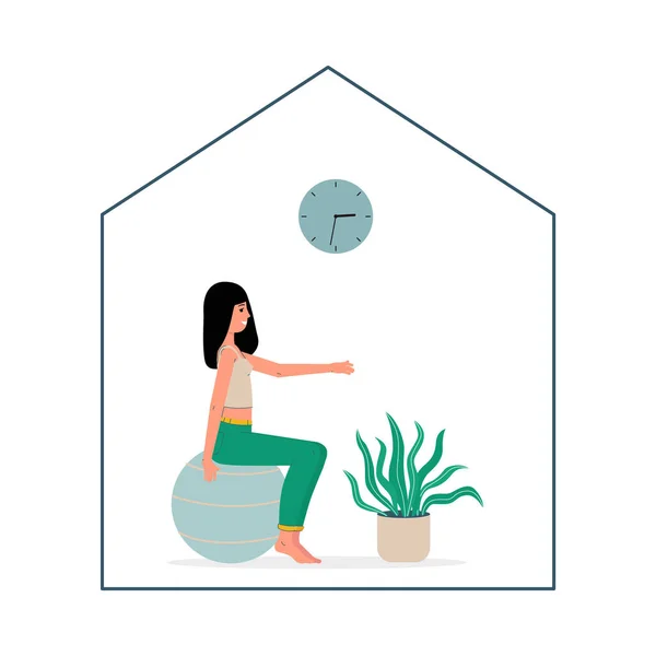 Mulher em casa exercitando na bola de fitness - menina dos desenhos animados dentro de casa —  Vetores de Stock