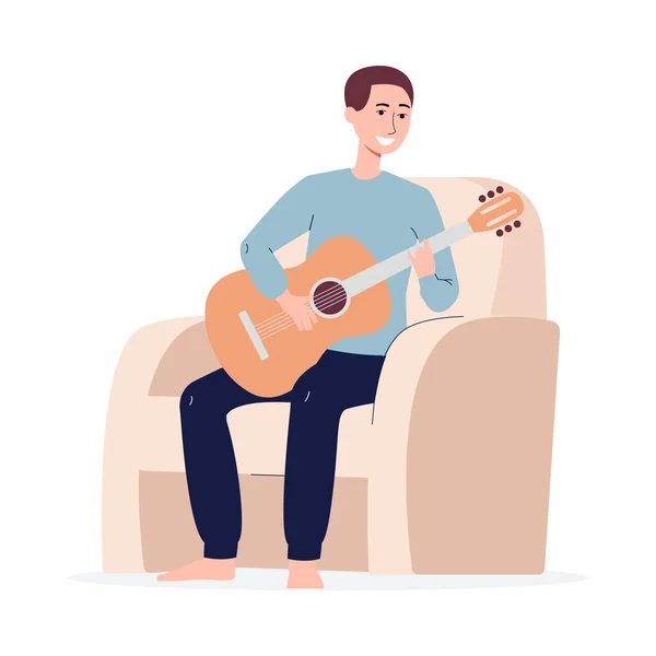 Man die thuis gitaar speelt en ontspant, platte vectorillustratie geïsoleerd. — Stockvector