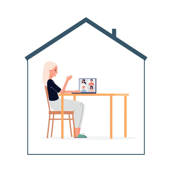 Kvinna chatta med vänner online hemma platt vektor illustration isolerad. — Stock vektor