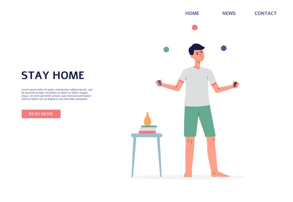 Stay home web banner template con uomo giocoleria, illustrazione vettoriale piatta. — Vettoriale Stock