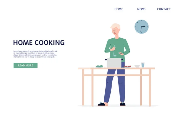 Home cucina pagina del sito web con l'uomo preparare il cibo, piatto vettoriale illustrazione. — Vettoriale Stock